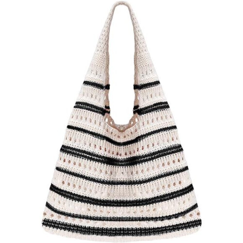 Crochet Tote Bag, Mesh Beach Bag Beige Black